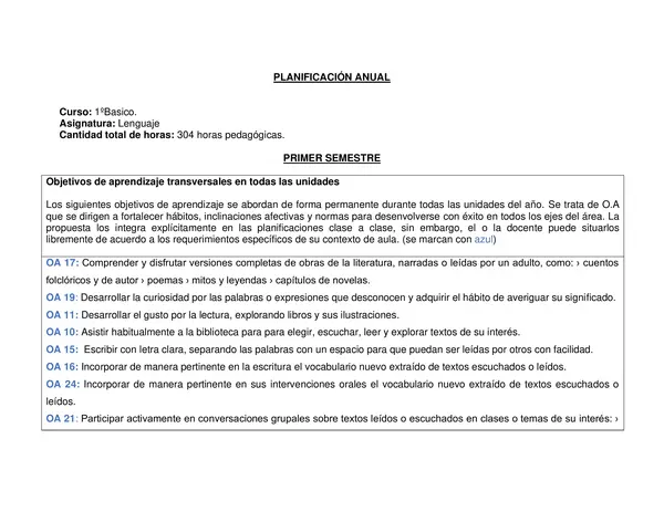 Planificación Anual Lenguaje y Comunicación 1° Básico