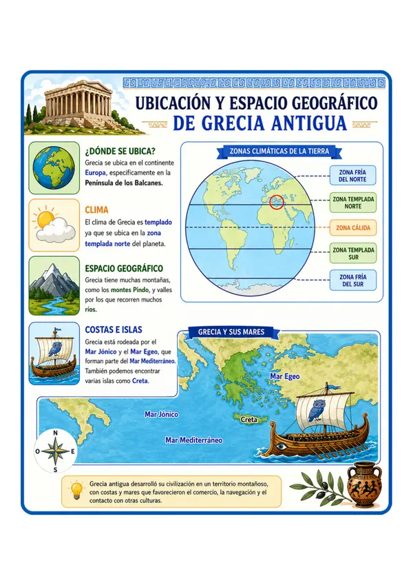 Ubicación y Espacio Geográfico de Grecia Antigua | Lámina Educativa de Historia y Geografía
