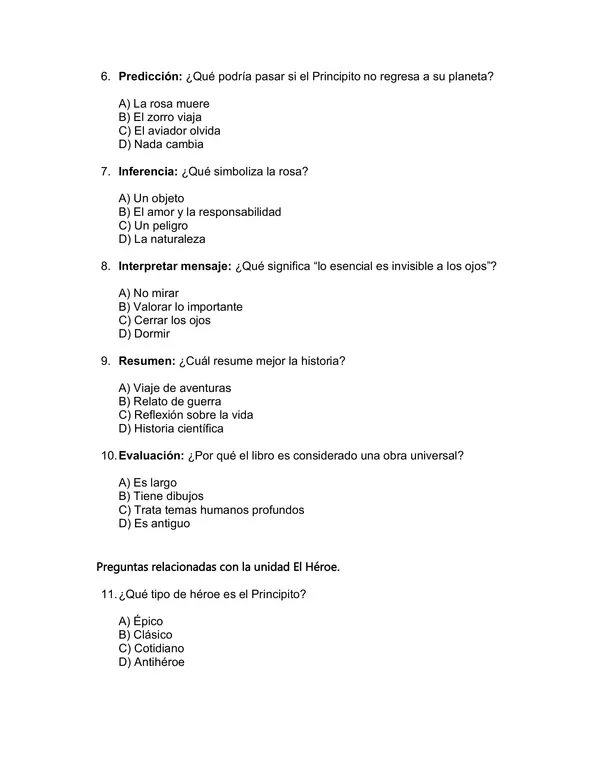Evaluación del libro "El principito"