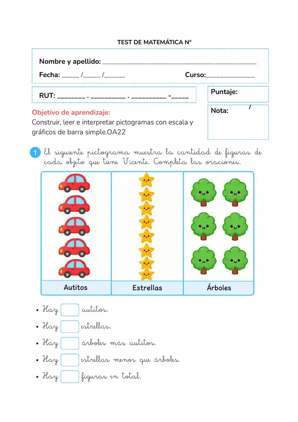 TEST DE MATEMÁTICA: PICTOGRAMAS Y GRÁFICOS 2° BÁSICO
