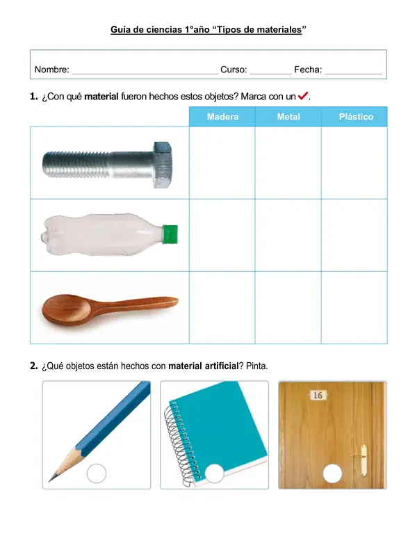 Guía de ciencias 1°año "Tipos de materiales"