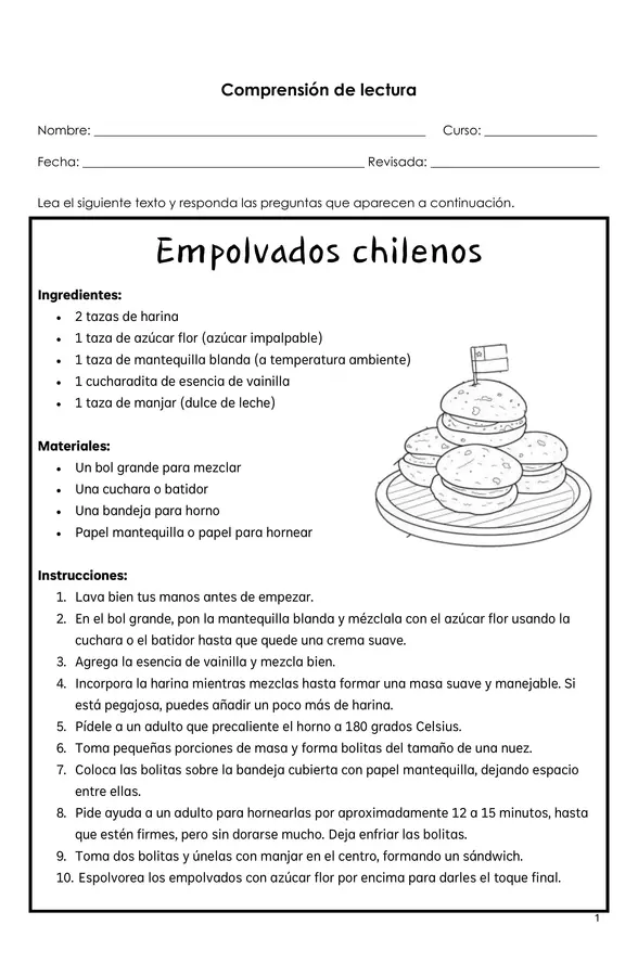Comprensión de lectura (Receta)
