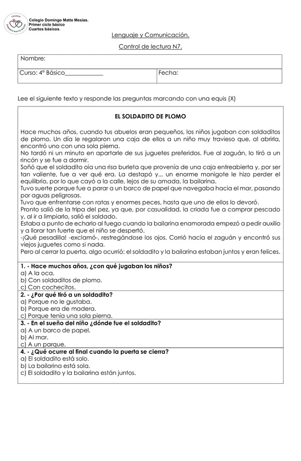 Control de comprensión lectora
