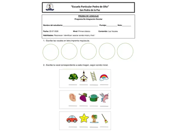EVALUACION LENGUAJE PRIMERO BASICO 