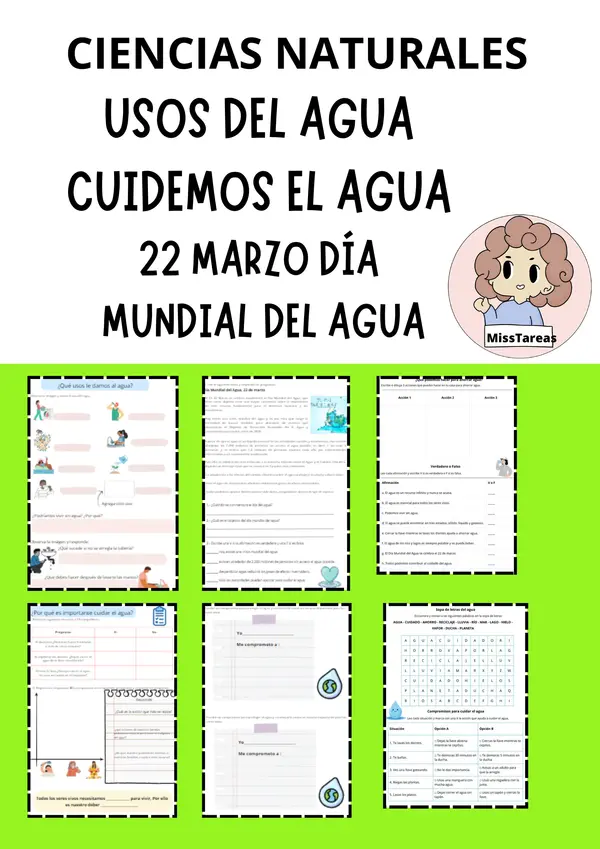 Ficha El Agua: Usos, Cuidado y Día Mundial del Agua Ciencias para 2° - 6° Básico
