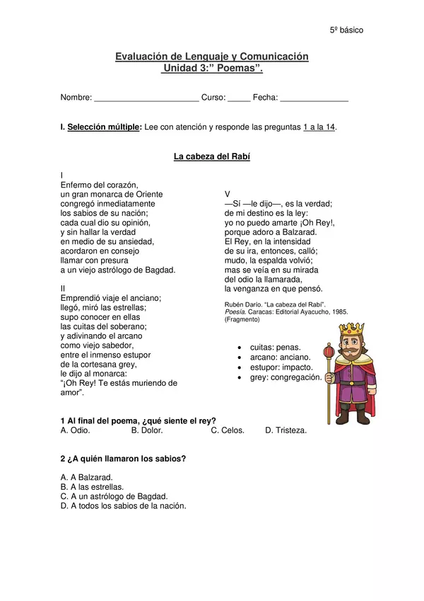 Evaluación de lenguaje 5° año, unidad: "Poemas"