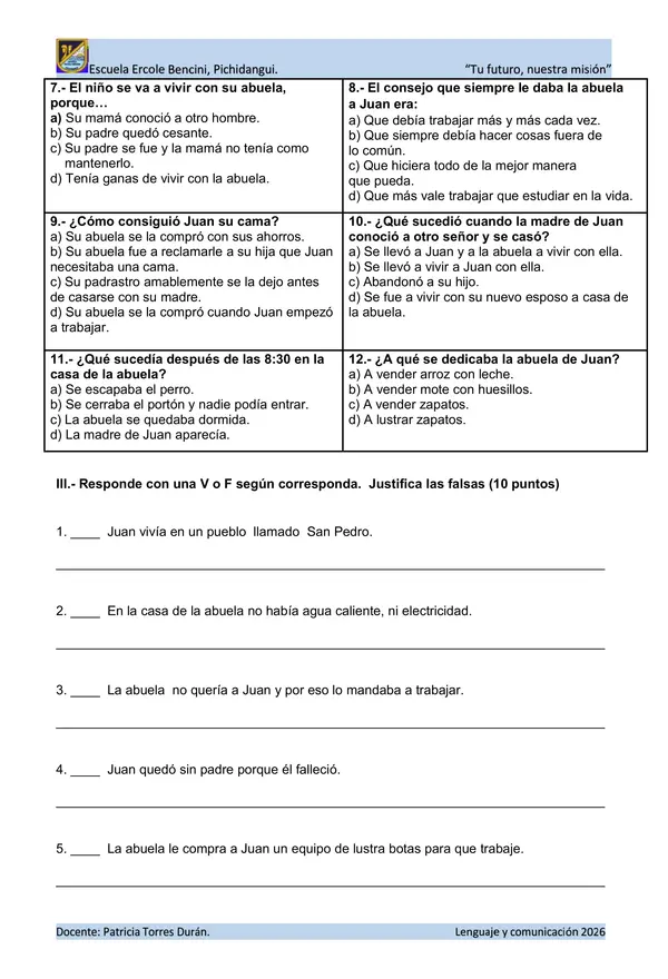 Control de lectura compresiva del libro: El lugar más bonito del mundo