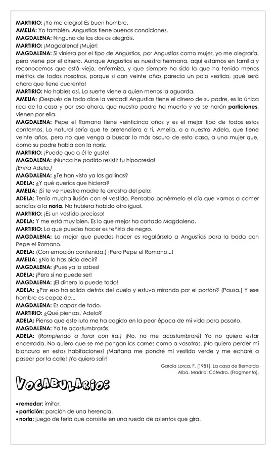 Guía de trabajo - Comprensión lectora La casa de Bernarda Alba - 8° 