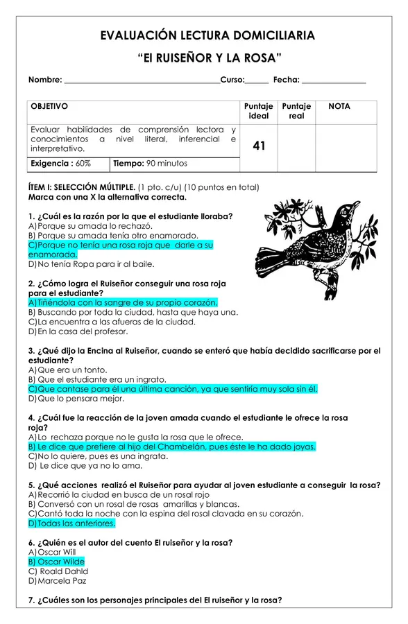 Prueba Lectura - El Ruiseñor y la Rosa