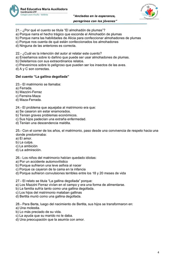 Evaluación Plan Lector "Cuentos de amor, locura y muerte"