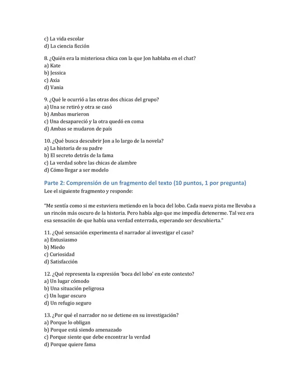 Evaluación de la lectura "Las chicas de alambre"