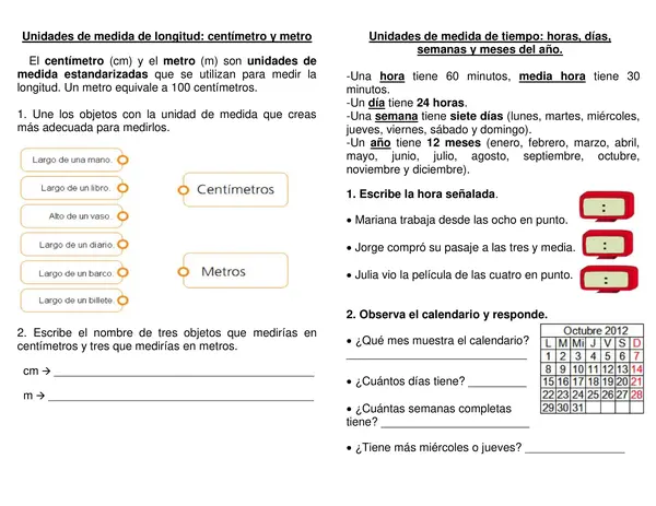 Guía de síntesis " Centímetro y metro" "Hora, días, semana, meses"