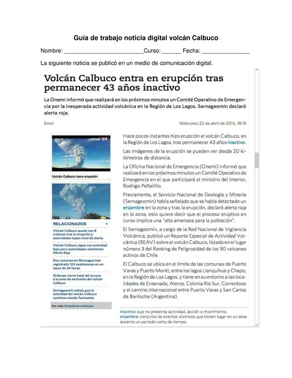 Guía de trabajo noticia digital volcán Calbuco, LENGUAJE, SEPTIMO BASICO