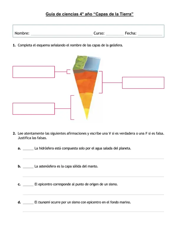 Guía de ciencias 4° año "Capas de la Tierra"