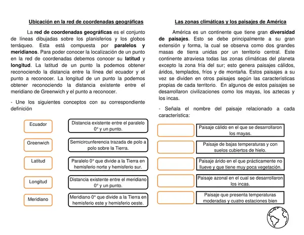 Guía síntesis "Ubicación de coordenadas geográficas" "Zonas climáticas y paisajes de América"