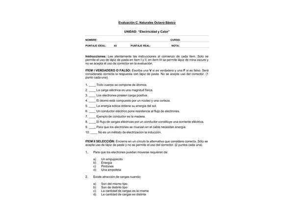 Evaluacion de Ciencias Naturales 8 Basico: electricidad y calor