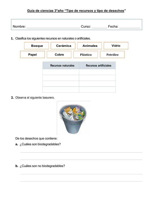 Guía "Tipo de recursos y tipo de desechos" 3°año básico.