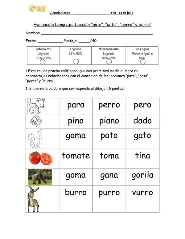 Prueba lección “pato”, “gato”, “perro” y burro” método Matte