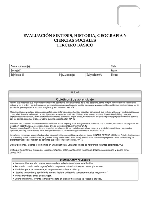 Prueba editable  Geografía y Ciencias Sociales tercero Básico en Word Terceros básicos.