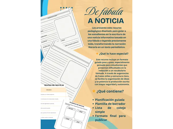 Recurso pedagógico para redactar noticias de forma guiada y creativa. 