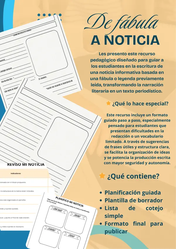 Recurso pedagógico para redactar noticias de forma guiada y creativa. 