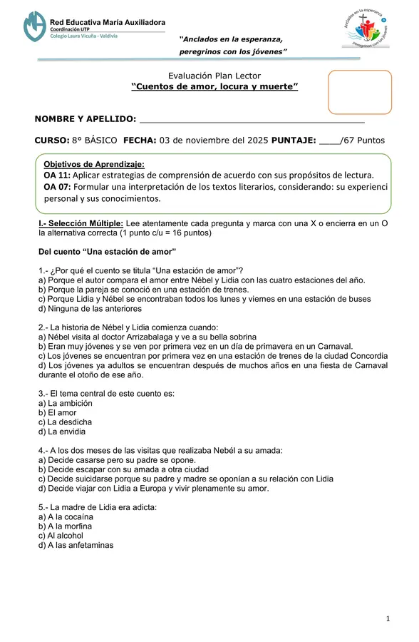 Evaluación Plan Lector "Cuentos de amor, locura y muerte"