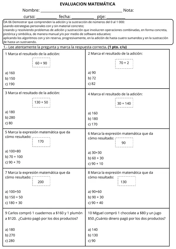 Evaluación suma con reserva y resultado de 3 dígitos | Matemática