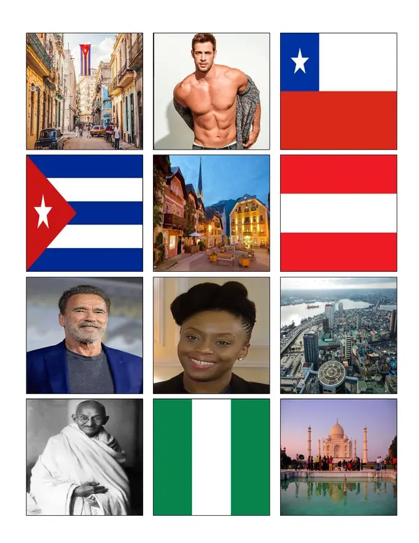 PERSONAJES, LUGAR Y BANDERAS DE SU PAIS