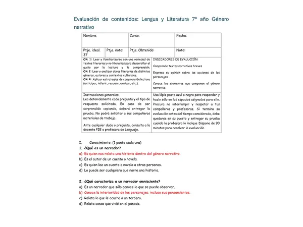 Evaluación sobre género narrativo 7° año