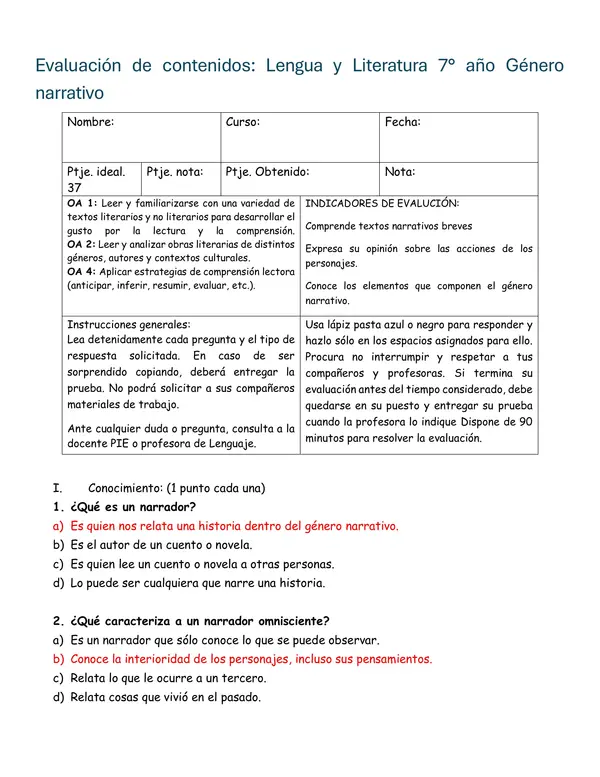 Evaluación sobre género narrativo 7° año
