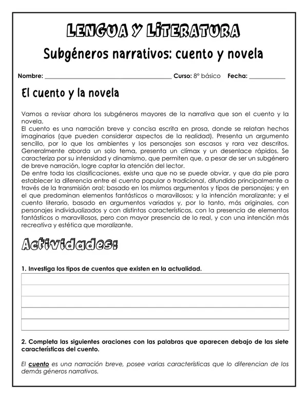 Guía de trabajo - Cuento y novela - 8° básico (Lengua y Literatura)