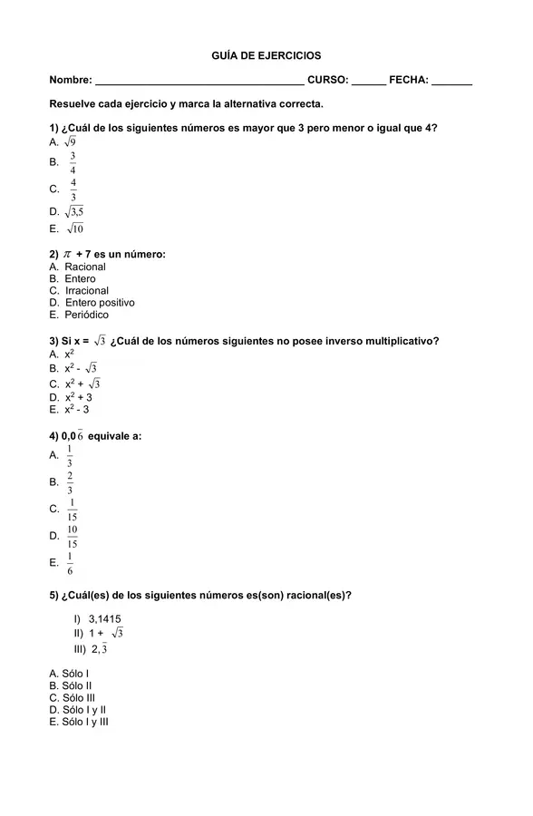 Repaso - Racionales e Irracionales