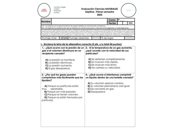 Evaluación Ciencias Naturales 7° Básico oa 13 -14