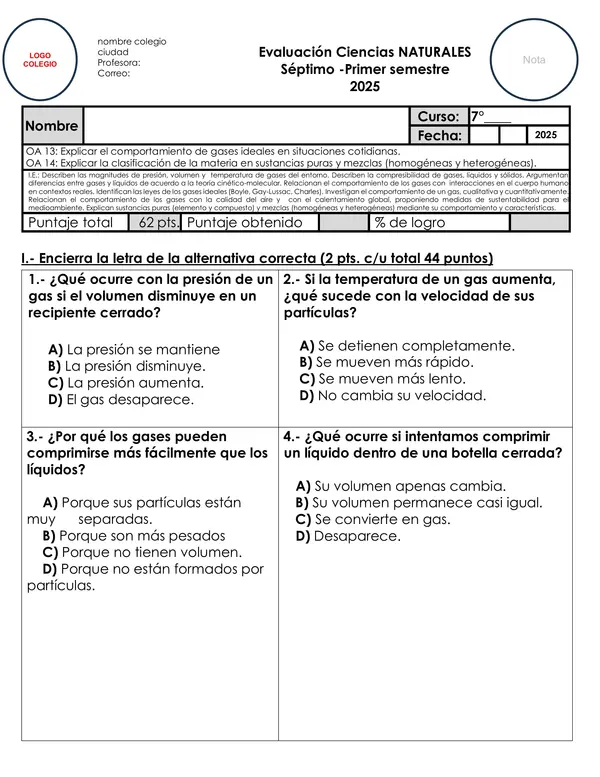 Evaluación Ciencias Naturales 7° Básico oa 13 -14