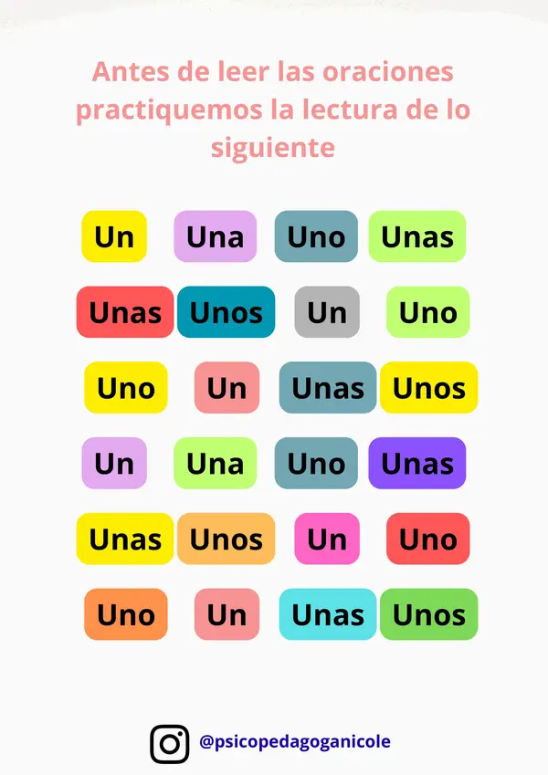 Lectura y comprensión de oraciones simples con artículos indefinidos