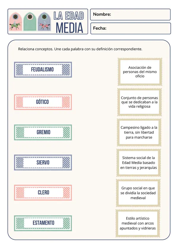 Ficha relacionar conceptos sobre la edad media