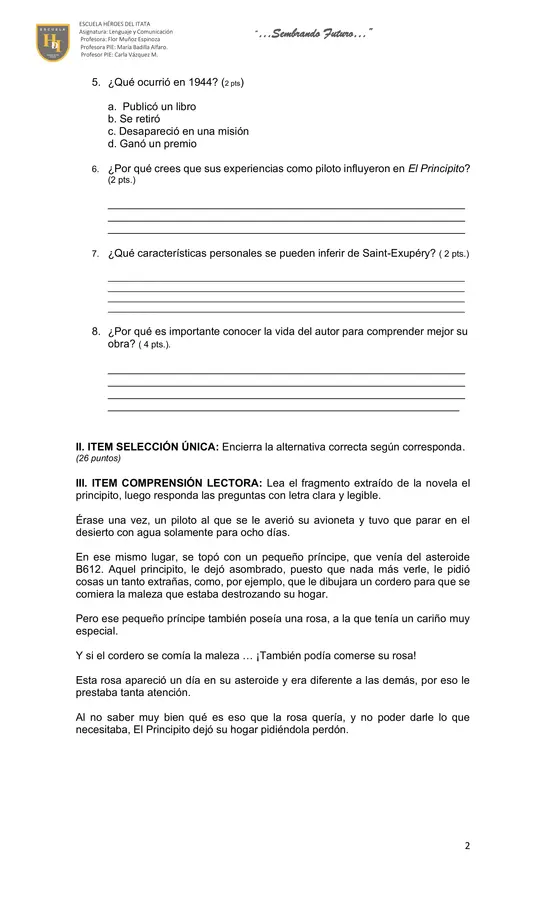 LECTURA DOMICILIARIA EL PRINCIPITO 