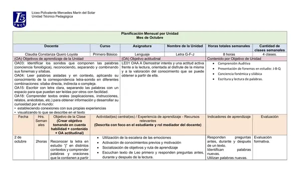 Planificación Lenguaje 1° Básico letras G-FJ