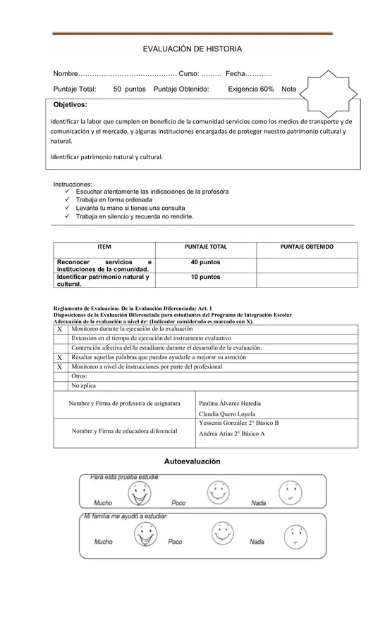 Evaluación Historia 2°: instituciones, servicios de la comunidad