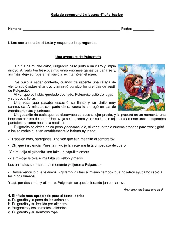 Guía de comprensión lectora: Cuento "Pulgarcito"