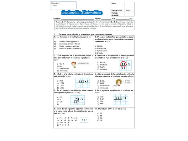 Evaluación multiplicación 4°