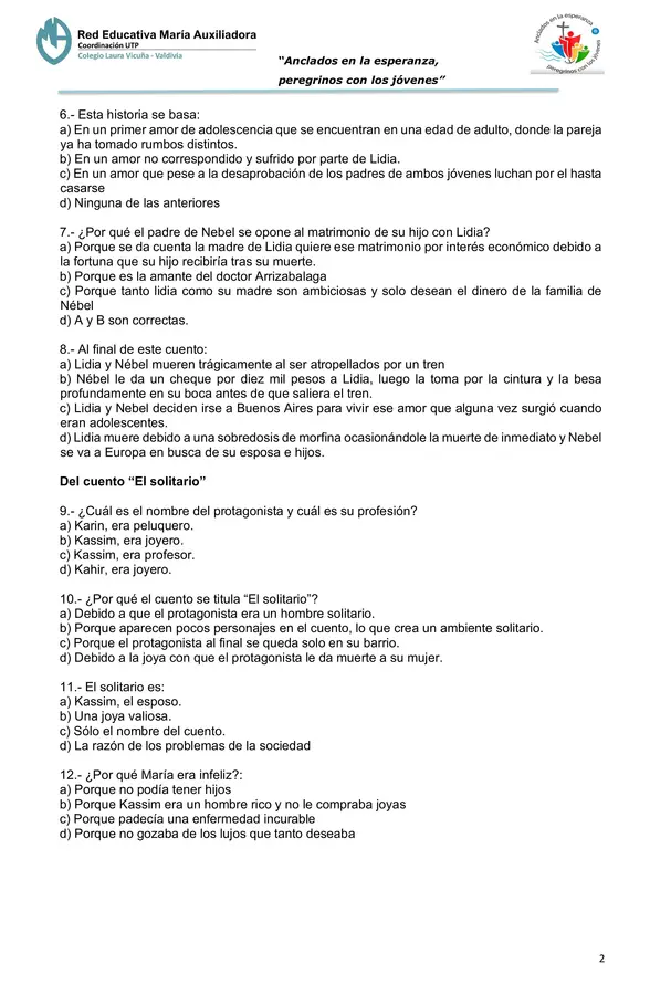 Evaluación Plan Lector "Cuentos de amor, locura y muerte"