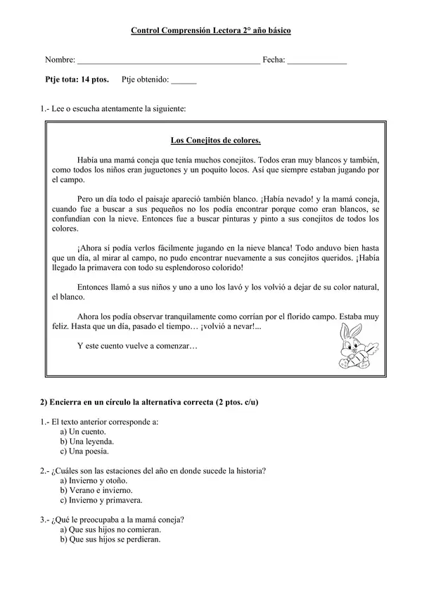 Control de comprensión lectora 2° año básico