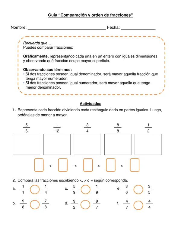 Guía "Comparación y orden de fracciones" 4° año básico.