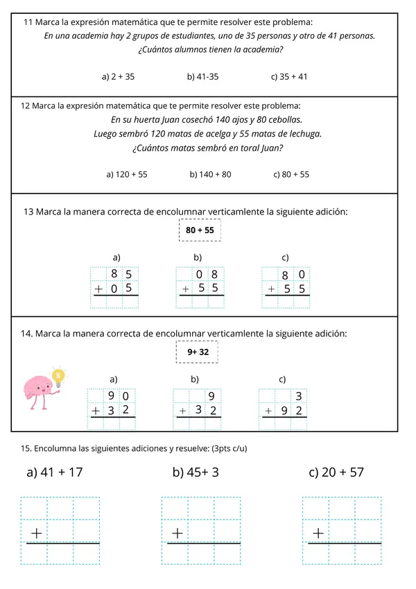 Evaluación suma con reserva y resultado de 3 dígitos | Matemática