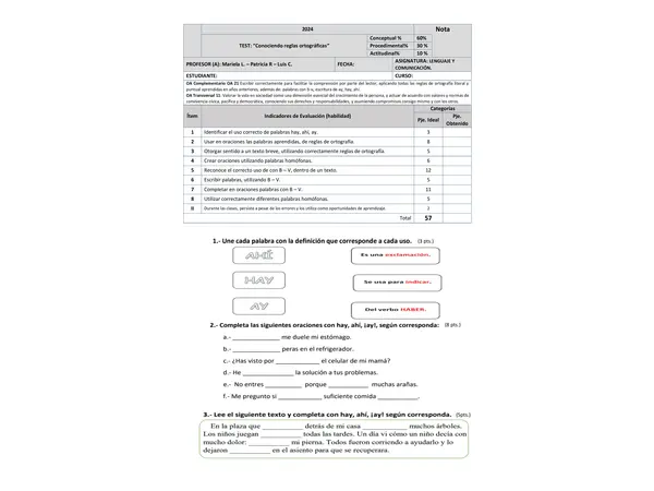 Evaluación palabras homófonas y uso de b-v
