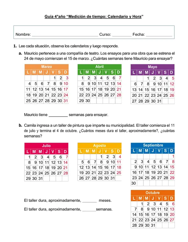 Guía 4°año "Calendario y Hora"