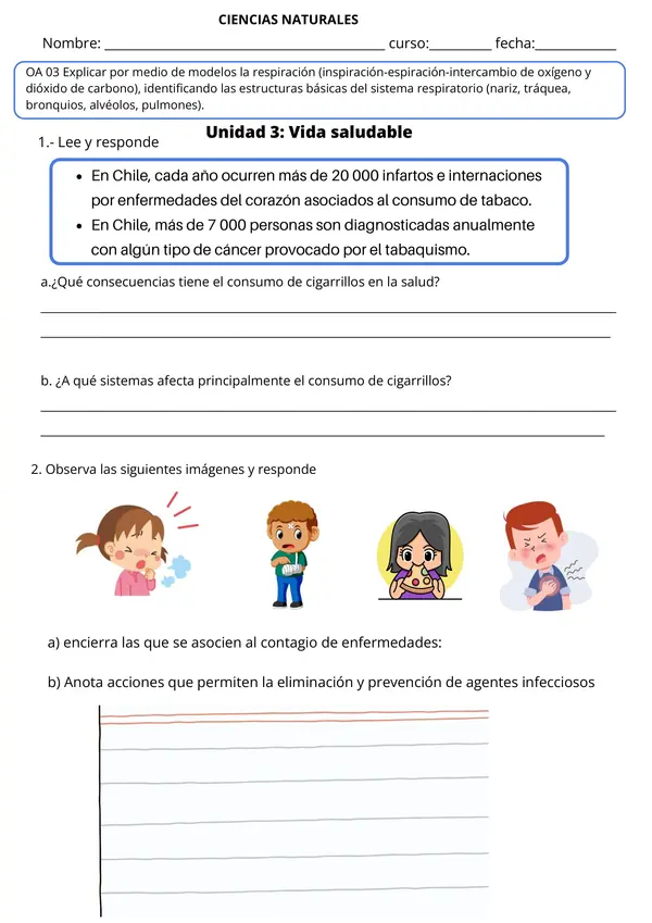  Ficha de Ciencias Naturales: Sistema Respiratorio - Unidad 3 Vida Saludable