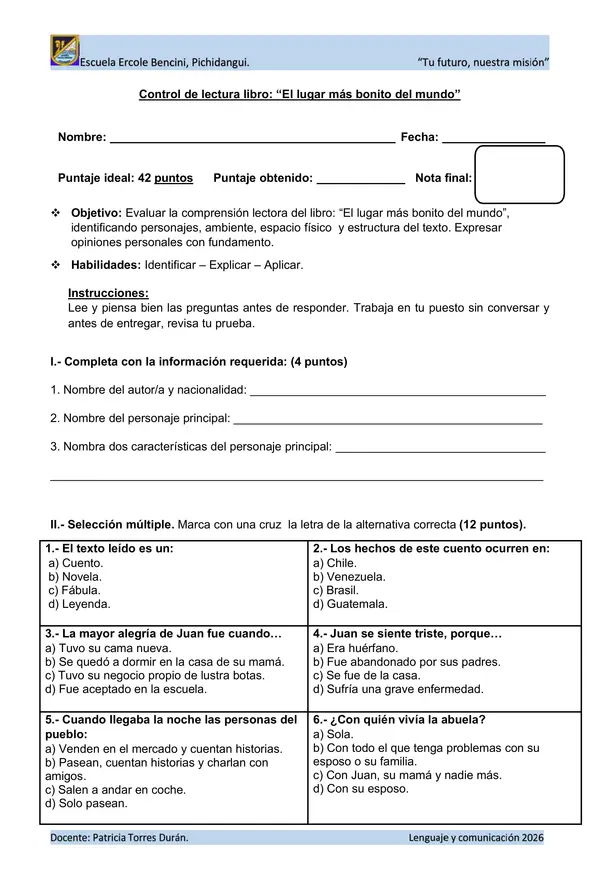 Control de lectura compresiva del libro: El lugar más bonito del mundo