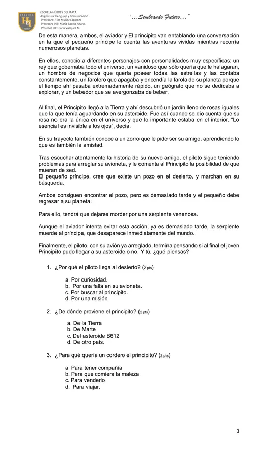 LECTURA DOMICILIARIA EL PRINCIPITO 